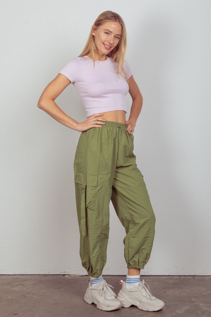 Olive Green Elastic Waist Woven Cargo Pants