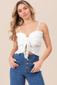 White Ruffled Smocked Ribbon Detail Tank