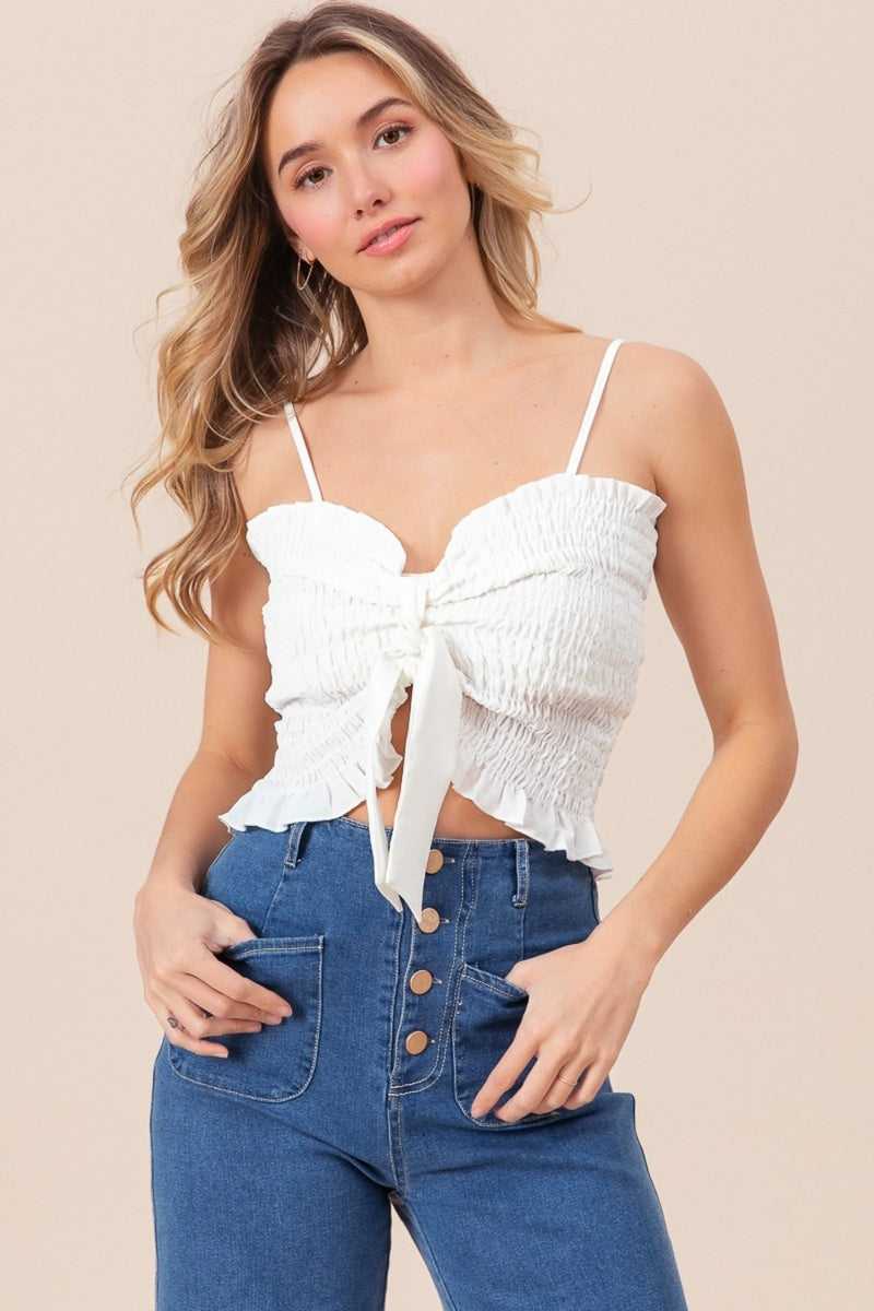 White Ruffled Smocked Ribbon Detail Tank