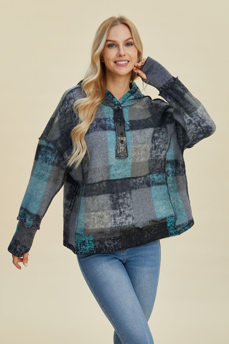 Worlds Apart Plaid Dropped Shoulder Hoodie