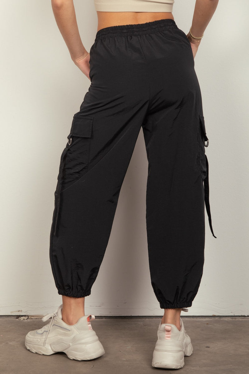 Black Elastic Waist Woven Cargo Pants