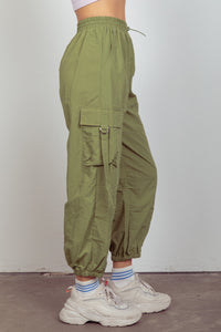 Olive Green Elastic Waist Woven Cargo Pants