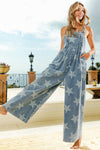 Star Pattern Wide Leg Washed Denim Overalls