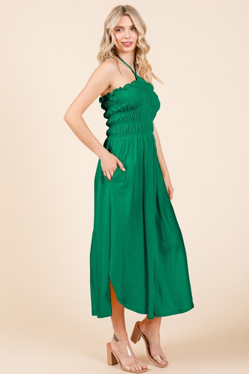 Emerald City Tie Back Shirring Dress with Pockets