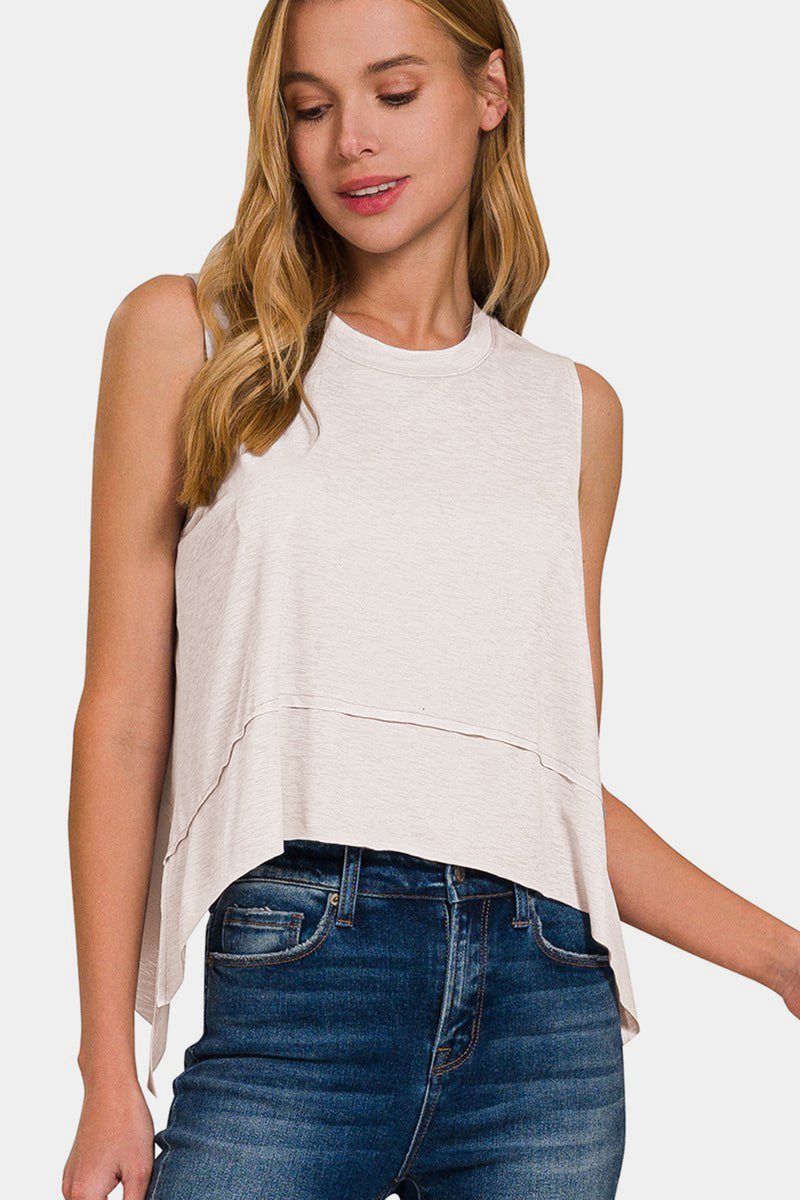 Soft White Slit High-Low Round Neck Tank