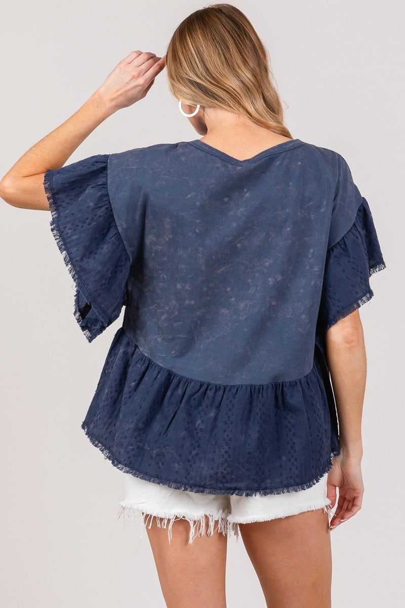 Navy Ruffle Sleeve Washed Short Sleeve Blouse