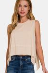 Soft Sand Exposed Seam Slit Round Neck Tank