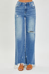 Hipster High Rise Frayed Hem Wide Leg Jeans