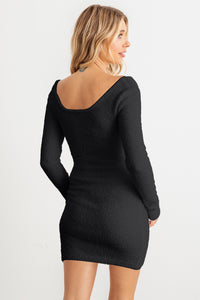 Black Fluffy Bow Cut-Out Detail Long Sleeve Mini Dress