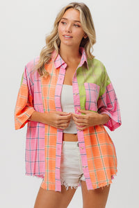 Screaming Summer Plaid Collared Neck Half Sleeve Shirt