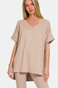 Caramel Cream V-Neck Rolled Short Sleeve T-Shirt and Leggings Lounge Set