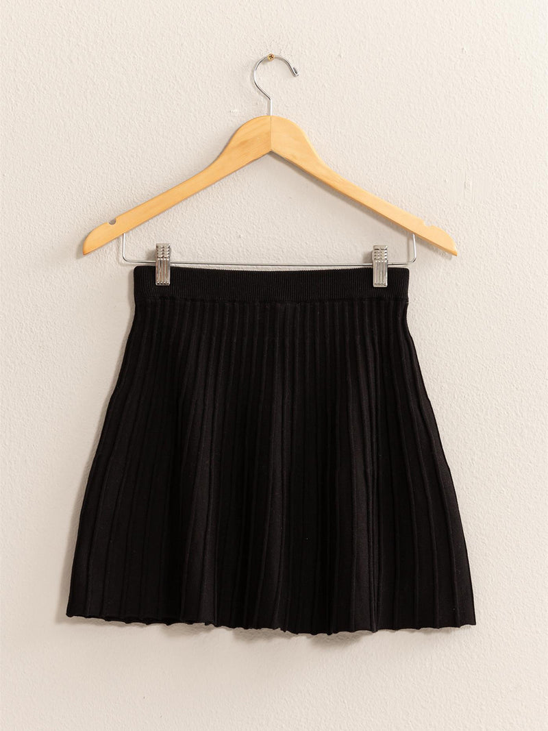 Black High Waist Knit Pleated Flare Mini Skirt