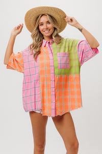 Screaming Summer Plaid Collared Neck Half Sleeve Shirt