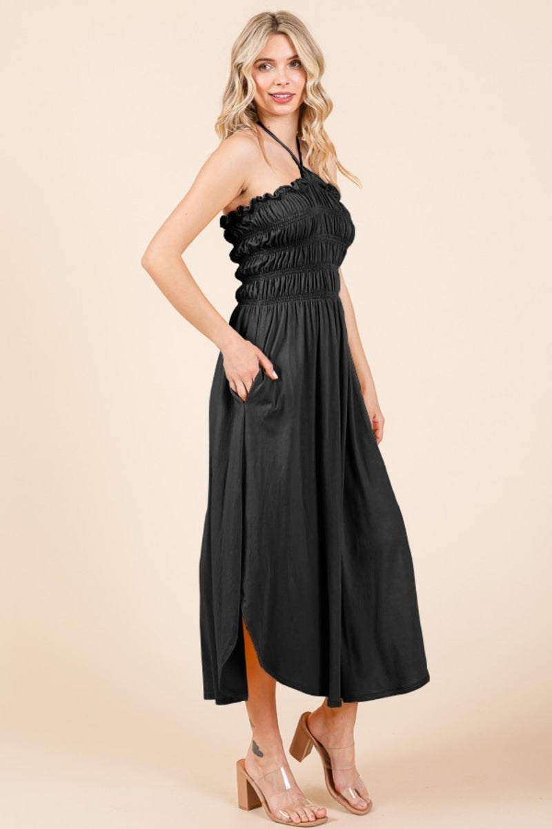 Black Tie Back Shirring Dress with Pockets