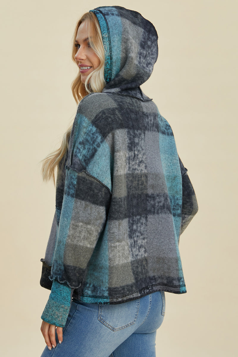 Worlds Apart Plaid Dropped Shoulder Hoodie