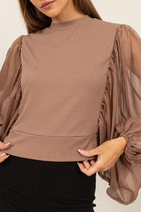 Mocha Ruched Sheer Blouse