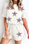 Stars & Stripes Waffle-Knit Sequin Round Neck Top and Shorts Set