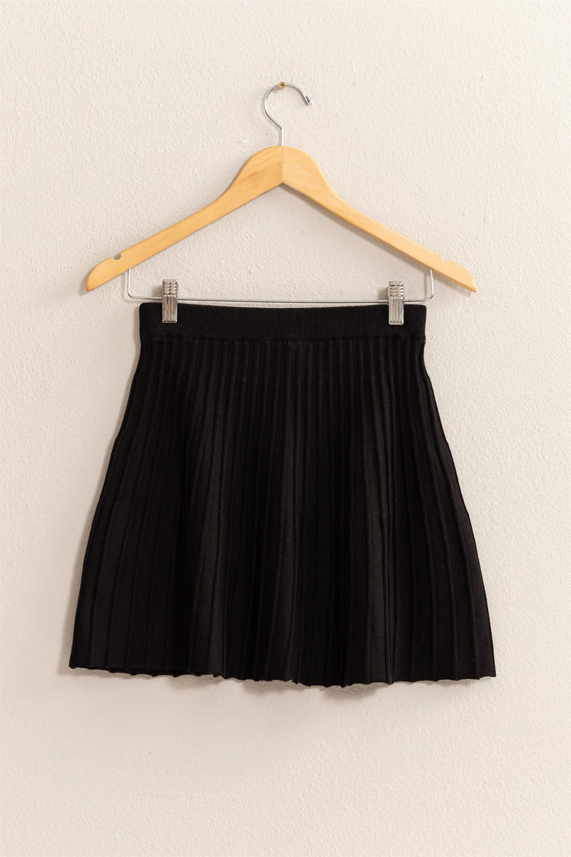 Black High Waist Knit Pleated Flare Mini Skirt