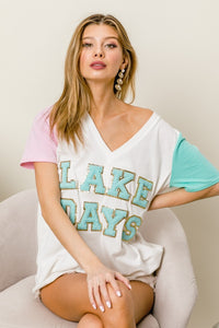 LAKE DAYS Letter Patch V-Neck Color Block Short Sleeve T-Shirt