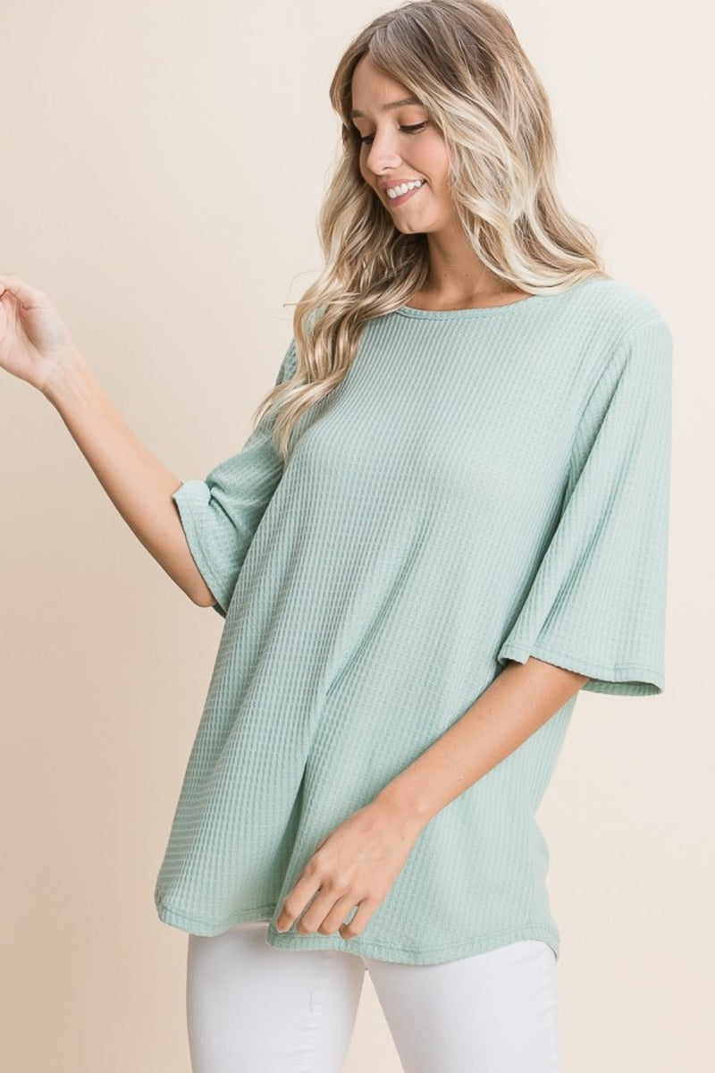 Sage Round Neck Waffle Knit T-Shirt