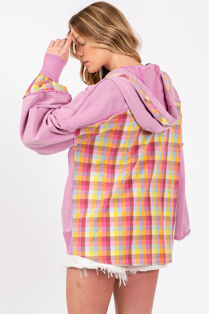 Colors Of Summer Plaid Print Washed Hoodie