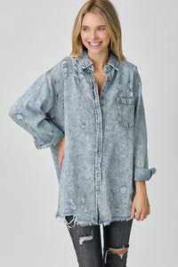 JessieJane Distressed Raw Hem Denim Shirt