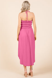 Flamingo Pink Tie Back Shirring Dress with Pockets