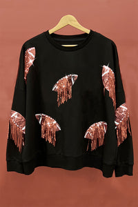 Sequin Fringe Football Patch Round Neck Sweatshirt