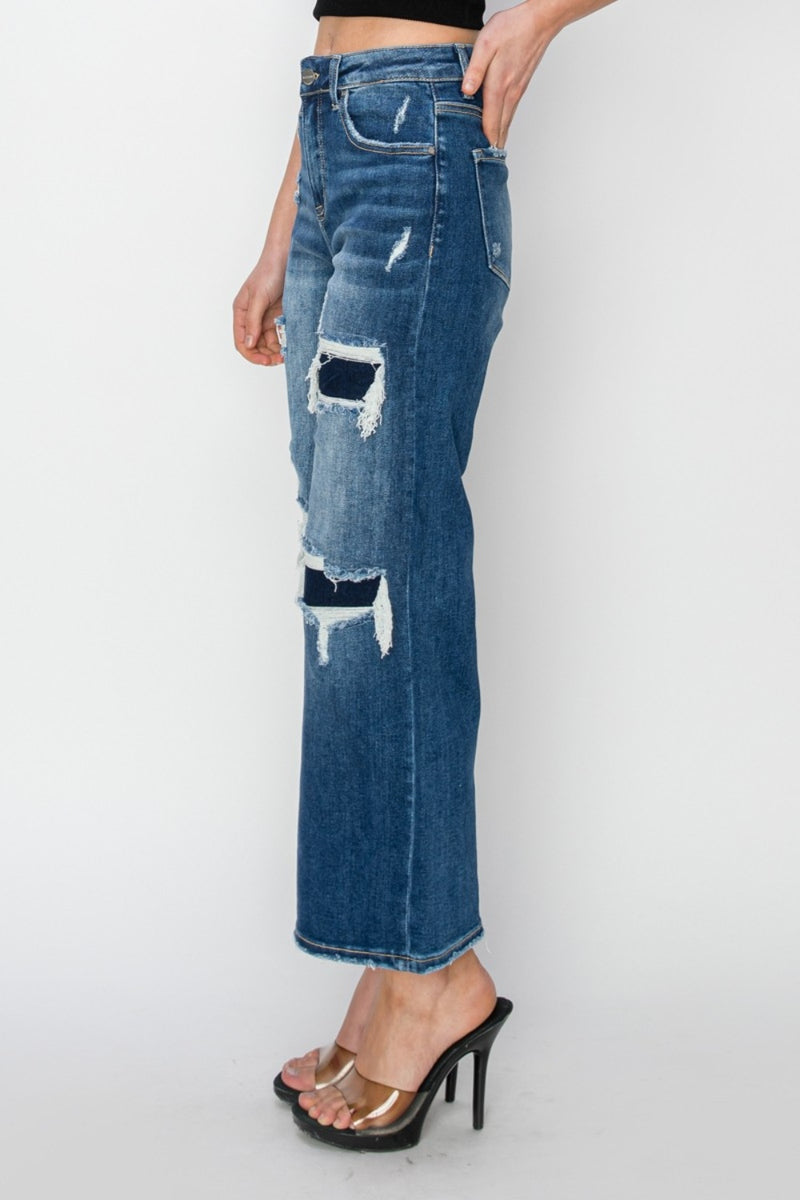 Happy Days Full Size High Rise Patch Detailed Wide Leg Crop Jeans