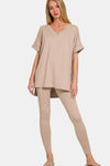 Caramel Cream V-Neck Rolled Short Sleeve T-Shirt and Leggings Lounge Set