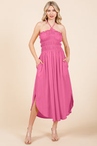 Flamingo Pink Tie Back Shirring Dress with Pockets