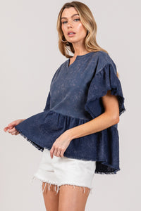 Navy Ruffle Sleeve Washed Short Sleeve Blouse