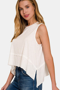 Soft White Slit High-Low Round Neck Tank