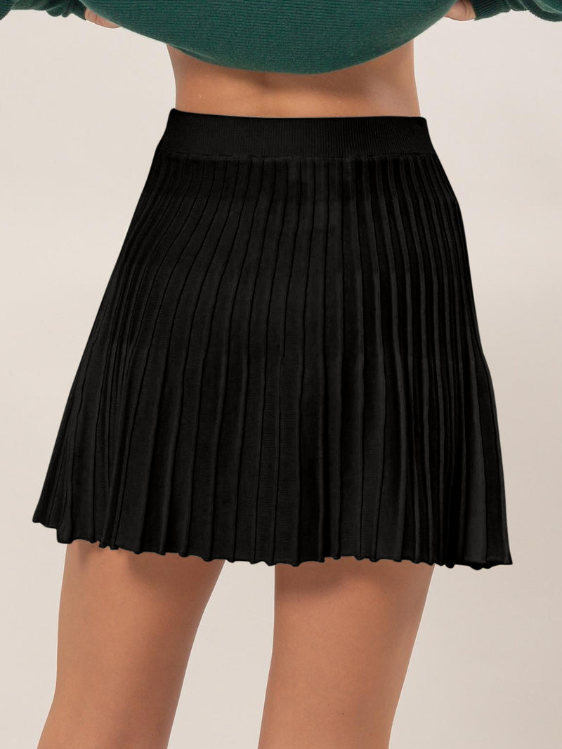 Black High Waist Knit Pleated Flare Mini Skirt