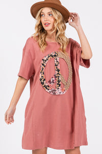 Peace Sign Applique Short Sleeve Tee Dress