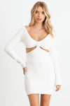 Classic White Fluffy Bow Cut-Out Detail Long Sleeve Mini Dress