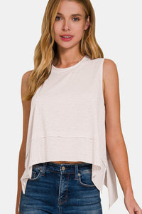 Soft White Slit High-Low Round Neck Tank