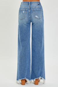 Hipster High Rise Frayed Hem Wide Leg Jeans