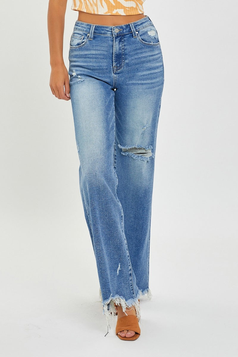 Hipster High Rise Frayed Hem Wide Leg Jeans