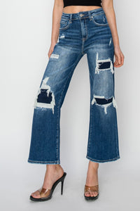 Happy Days Full Size High Rise Patch Detailed Wide Leg Crop Jeans