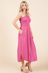 Flamingo Pink Tie Back Shirring Dress with Pockets