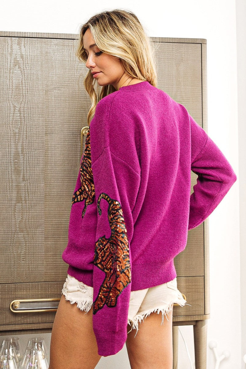 In The Jungle Sequin Tiger Embroidery Sweater