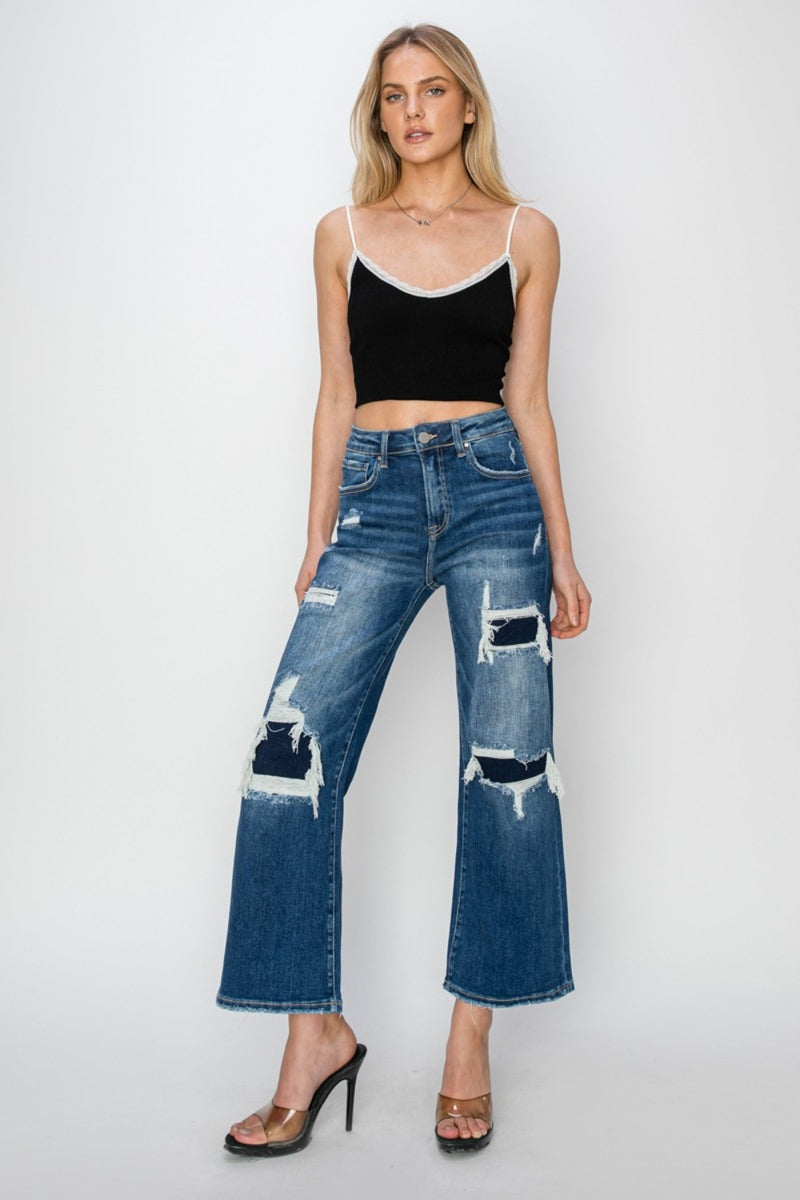 Happy Days Full Size High Rise Patch Detailed Wide Leg Crop Jeans