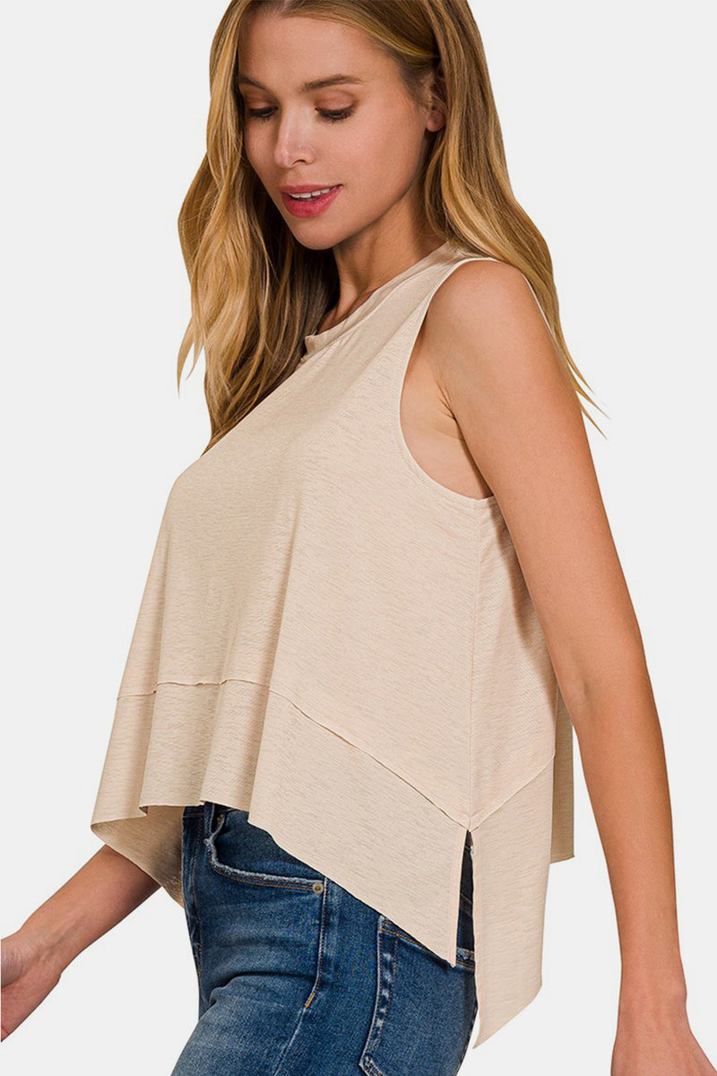 Soft Sand Exposed Seam Slit Round Neck Tank