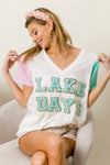 LAKE DAYS Letter Patch V-Neck Color Block Short Sleeve T-Shirt