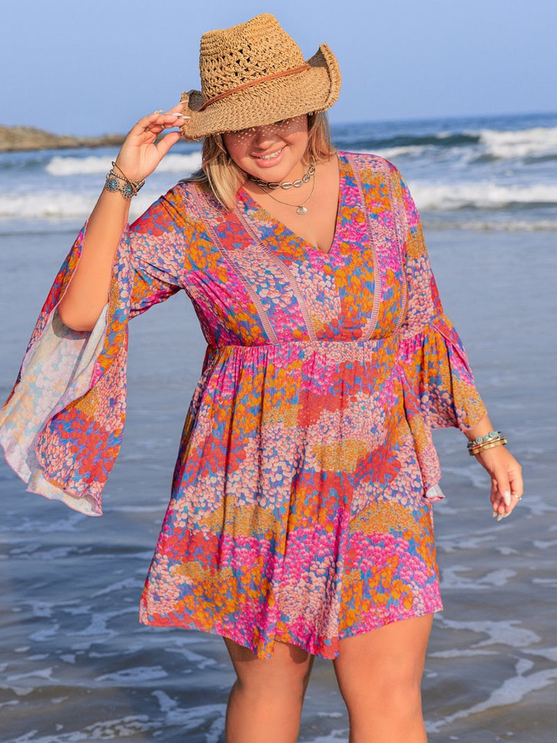 Summer Florals Plus Size Ruched Long Sleeve Dress