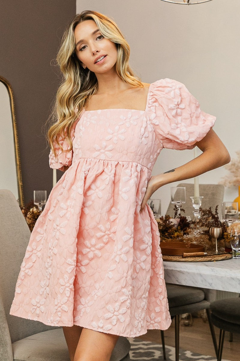 Flower Square Neck Puff Sleeve Dress