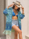 Aquatic Blue Fringe Open Front Cover-Up