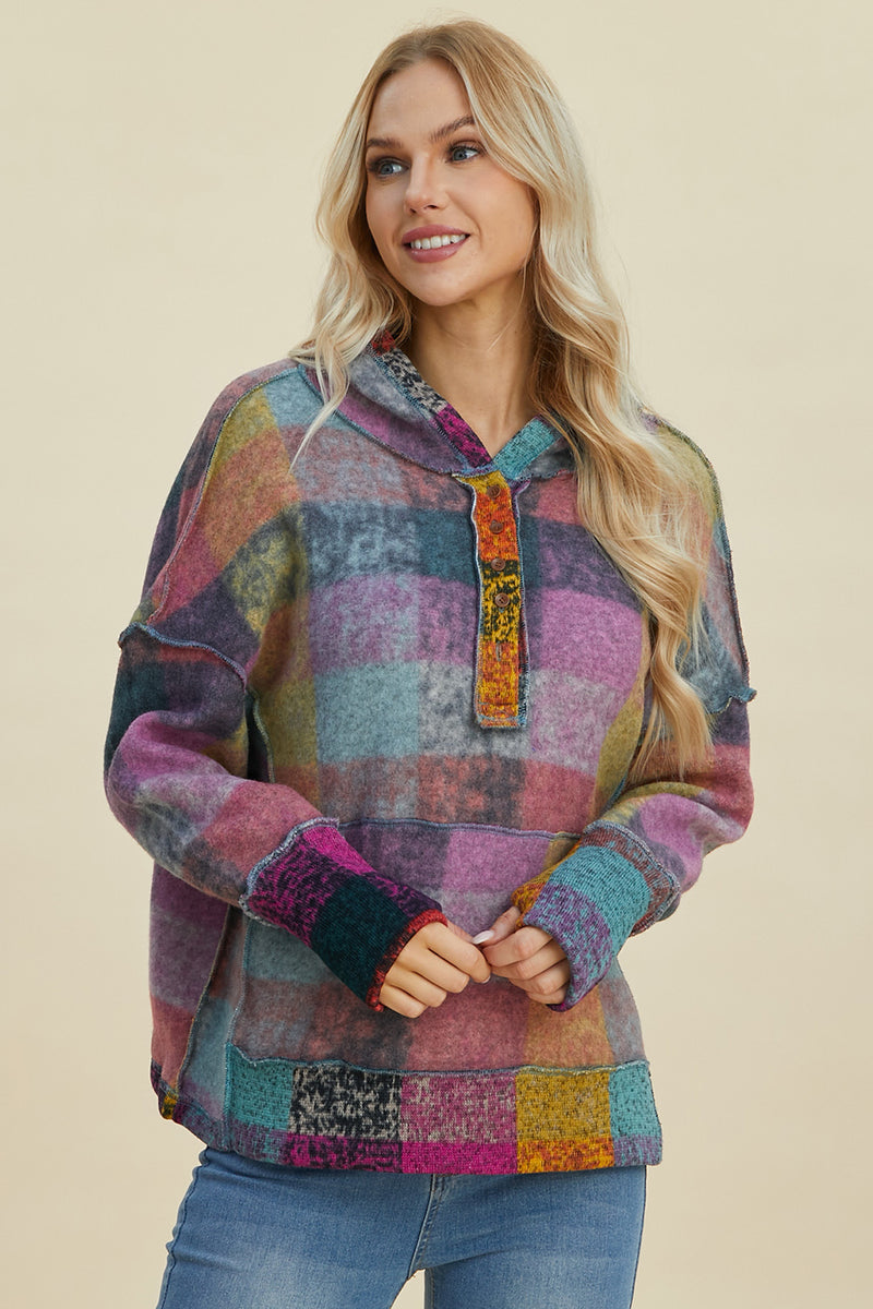 Worlds Apart Plaid Dropped Shoulder Hoodie