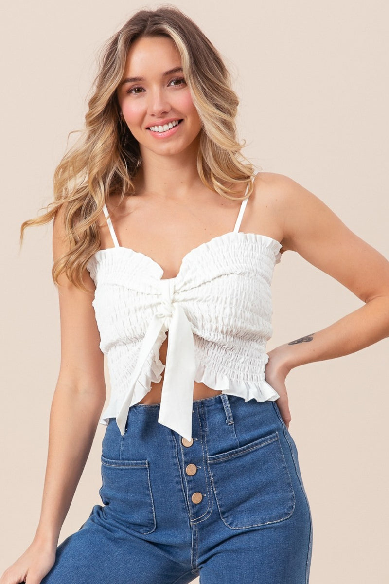 White Ruffled Smocked Ribbon Detail Tank